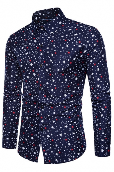 Classic Mens Shirt Star Pattern Single Breasted Long Sleeve Point Collar Slim Fit Shirt