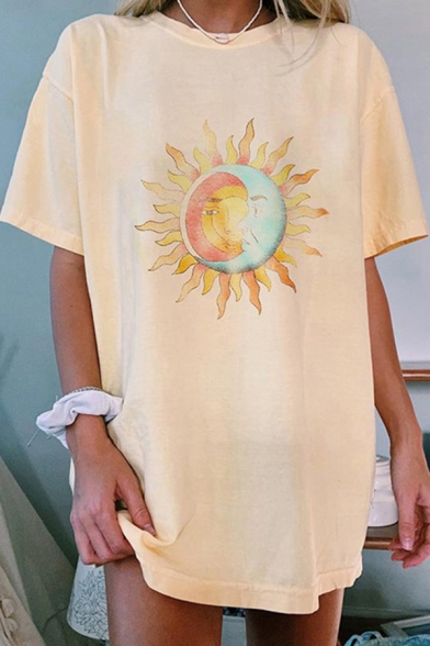 Cool Womens Tee Shirt Sun Moon Pattern Relaxed Fit Tunic Short Sleeve Crew Neck Tee Top