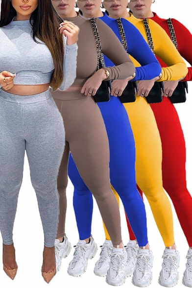 Edgy Girls Set Solid Color Long Sleeve Mock Neck Slim Fit Crop Tee Top & Leggings Set