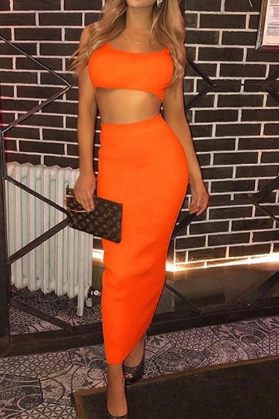 Edgy Girls Set Solid Color Scoop Neck Sleeveless Ribbed Crop Tank & Mid Shift Skirt Set