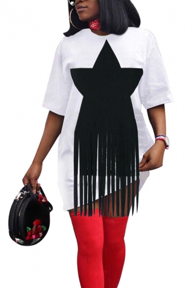 Elegant Women's T-Shirt Dress Star Print Tassel Design Round Neck Short Sleeve Mini T-Shirt Dress