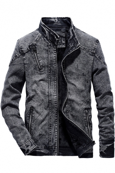 Fancy Men's Denim Jacket Zip Fly Long Sleeve Stand Collar Regular Fitted Denim Jacket with Washing Effect