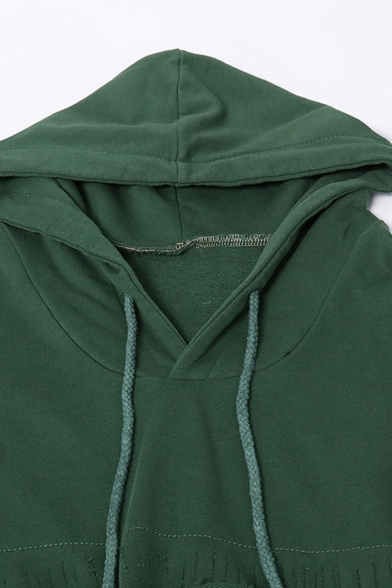 Fashion Girls Hoodie Contrasted Panel Long Sleeve Drawstring Loose Fit Hoodie in Green