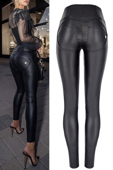 Fashionable Womens Pants Peach Butt PU Leather Zipper Fly Slim Fit High Rise 7/8 Length Pencil Pants