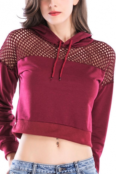 Hollow Out Mesh Patched Long Sleeve Cropped Hoodie