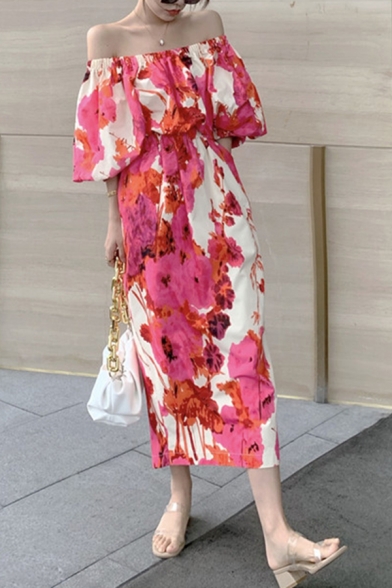 Leisure Women's Blouse Dress Floral Graphic Print off the Shoulder Slant Pocket Long Blouse Dress