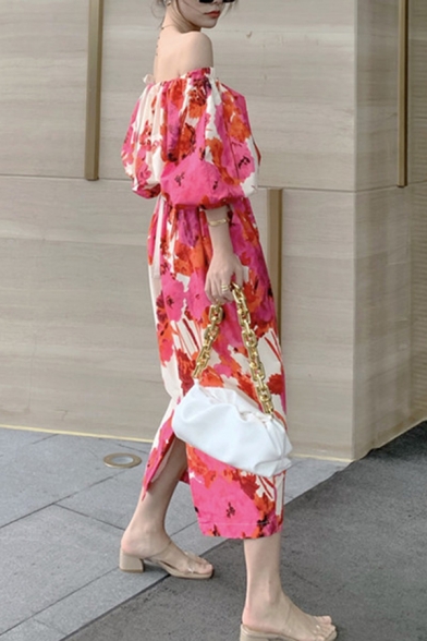 Leisure Women's Blouse Dress Floral Graphic Print off the Shoulder Slant Pocket Long Blouse Dress