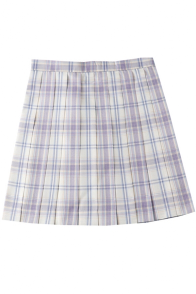 Leisure Women's Skirt Plaid Pattern Pleated Detailed Invisible Zip High Rise Mini A-Line Skirt