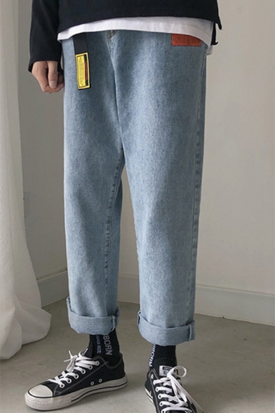 Men's Street Style Trendy Ribbon Pocket Embellished Rolled Cuffs Straight Wide Leg Jeans
