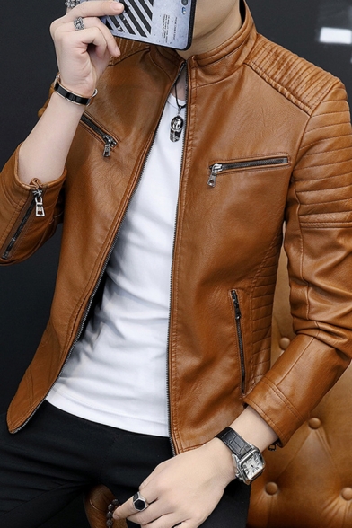 Mens Street Jacket PU Leather Long Sleeve Ribbed Stand Collar Zipper Front Fitted Jacket