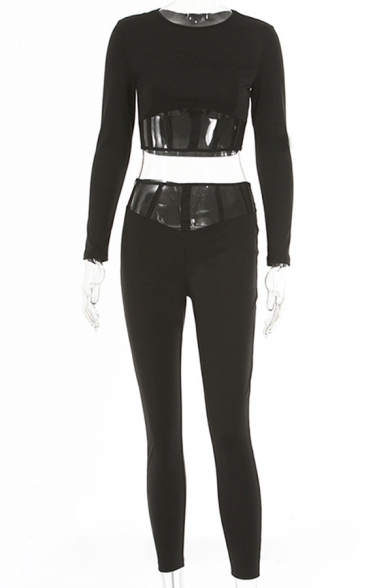 Party Womens Co-ords Cut Out Long Sleeve Crew Neck Fit Crop T Shirt & Skinny Pants Set in Black