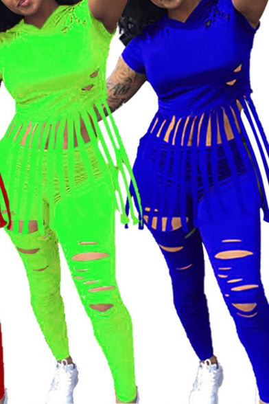 Simple Girls Set Solid Color Short Sleeve Ripped Fringe Fit Crop Hoodie & Pants Set