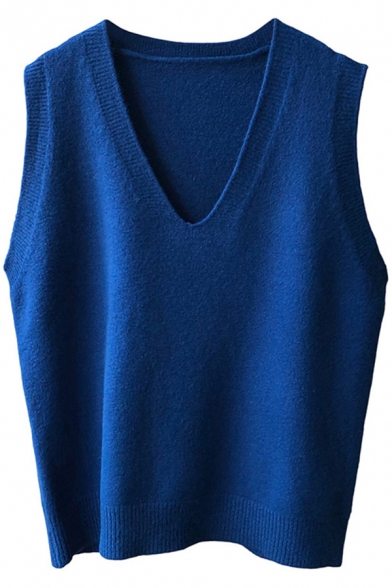 Simple Womens Vest Solid Color Knitted V-neck Sleeveless Relaxed Fit Vest