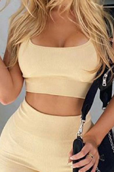 Stylish Womens Set Ribbed Scoop Neck Fit Crop Tank & Leggings Plain Co-ords