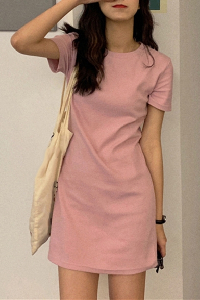 Trendy Women's T-Shirt Dress Solid Color Round Neck Short Sleeve Mini T-Shirt Dress