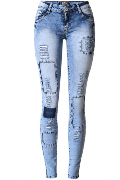 Trendy Womens Jeans Faded Wash Distressed Patch Stretchable Slim Fit Ankle Length Pencil Jeans