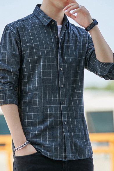 Unique Men's Shirt Plaid Print Button Fly Turn-down Collar Long Sleeve Regular Fitted Shirt