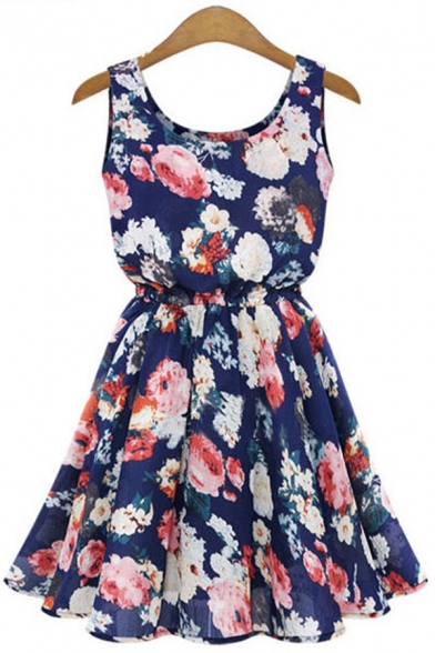 Women's Casual Scoop Neck Sleeveless Floral Print A-Line Mini Dress