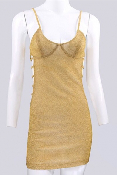 Womens Disco Fashionable Plain Glitter V-Neck Side Hollow Out Mini Fitted Strap Dress