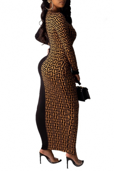 Womens Dress Trendy Meander Print Two Tone Long Sleeve Ankle Length Crew Neck Bodycon Dress