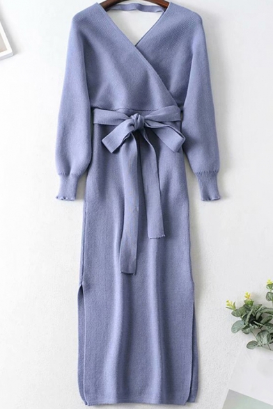 Womens Elegant Dress Knitted Solid Color Long Sleeve Surplice Neck Bow Tied Waist Slit Sides Mid Sheath Dress