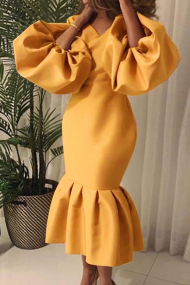 Womens Elegant Dress Solid Color Blouson Sleeve V-neck Ruffled Hem Mid Fishtail Dress for Dinner