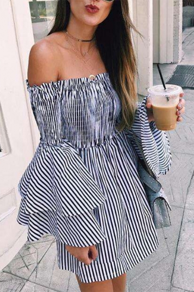 Womens Trend Vertical Striped Printed Bell Sleeve Off the Shoulder Mini A-Line Dress