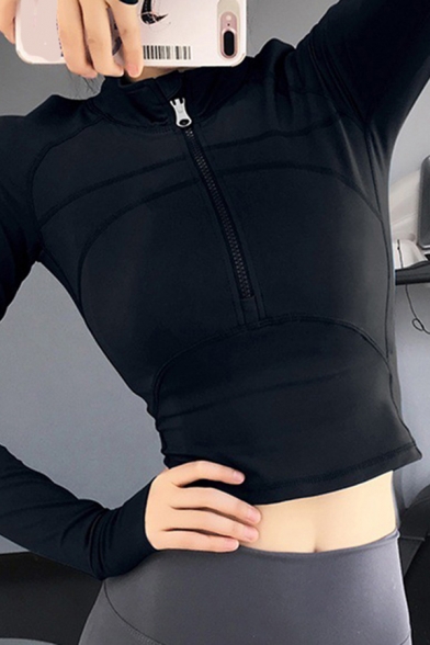 Workout Womens T-Shirt Solid Color Thumb Holes 1/2 Zipper Stand Collar Cropped Skinny Fit Long Sleeve Yoga Tee Shirt