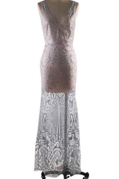 Banquet Womens Dress Deep V-neck Sequined Sleeveless Maxi Fishnet Dress in Silver