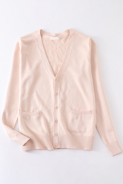 Basic Women's Cardigan Solid Color Ribbed Trim Button-down Front Pocket Long Sleeve Fitted Cardigan