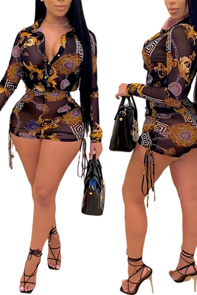 Chic Womens Dress Vine Chain Pattern Ruched Drawstring Side Mini Slim Turn down Collar Long Sleeve Bodycon Dress