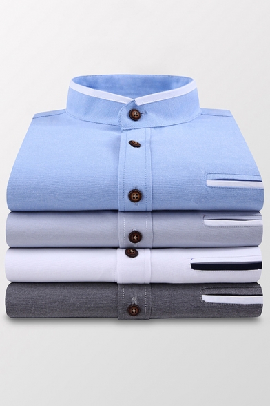 Cool Shirt Contrast Trim Oxford Single Breasted Chest Pocket Short Sleeve Slim Fit Stand Collar Shirt for Men
