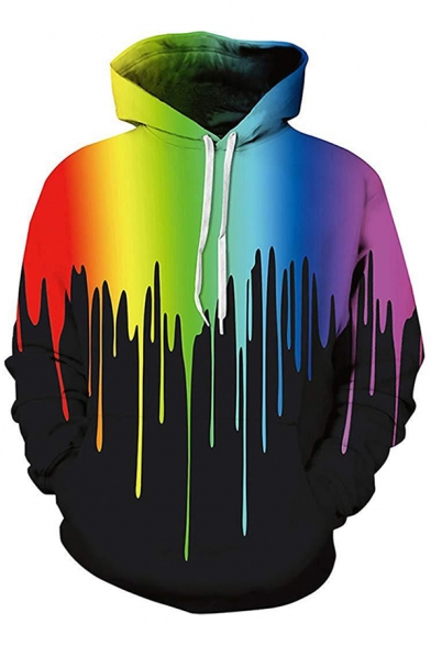 Designer Guys Long Sleeve Drawstring Colorful Pouring 3D Printed Loose Fit Pouch Pocket Hoodie