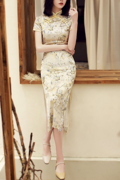 Elegant Cheongsam Dress Floral Printed Slant Frog Buttons Side Split Short Sleeve Mandarin Collar Maxi Fitted Dress for Women