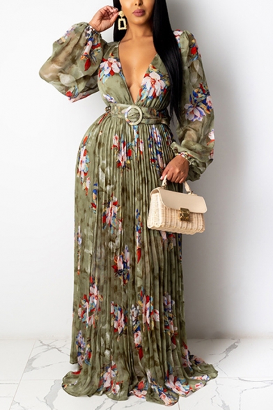 Elegant Tiered Pleated Dress Floral Pattern Belted A-Line Maxi Puff Long Sleeve Slim Fitted Deep V Neck Dress