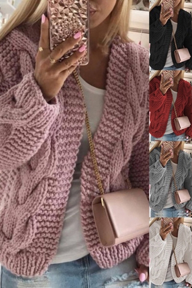 Fancy Women's Cardigan Solid Color Cable Knit Long Sleeve Open Front Regular Fitted Cardigan