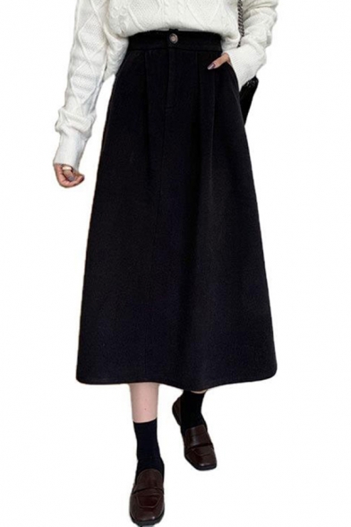 Fancy Women's Skirt Solid Color High Elastic Waist Long A-Line Skirt