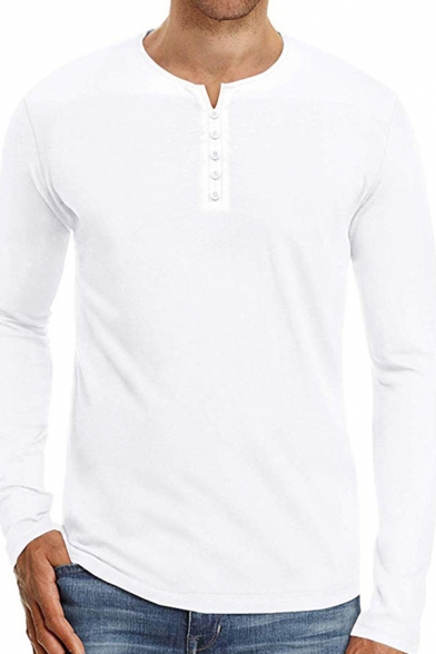 Guys Casual T Shirt Plain Long Sleeve Crew Neck Button Up Slim Fitted Tee Top
