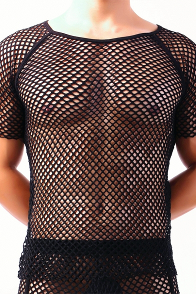 Guys Summer Round Neck Short Sleeve Sexy Hollow Out Mesh Grid Loose Fit T-Shirt