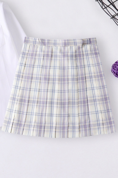 Leisure Women's Skirt Plaid Pattern Pleated Detailed Invisible Zip High Rise Mini A-Line Skirt