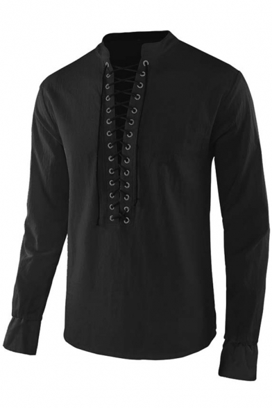 Mens T-Shirt Traditional Plain Color Lace-up Front Stand Collar Regular Fit Long Sleeve T-Shirt
