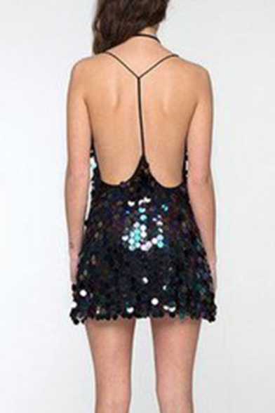 Party Girls Dress Sequins Decoration Spaghetti Straps Deep V-neck Cut Out Back Short A-line Cami Dress in Black