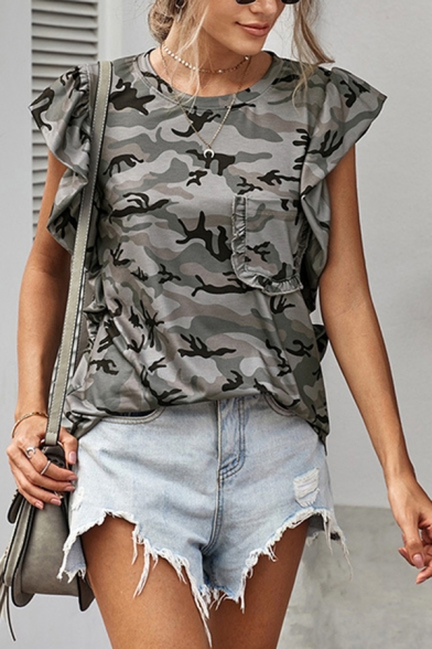 Popular Girls Tee Top Camo Printed Ruffled Sleeve Crew Neck Relaxed Fit Tee Top