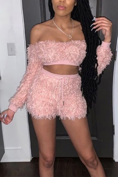 Popular Womens Set Fluffy Plain Long Sleeve Crop Top & Fitted Shorts Set in Pink