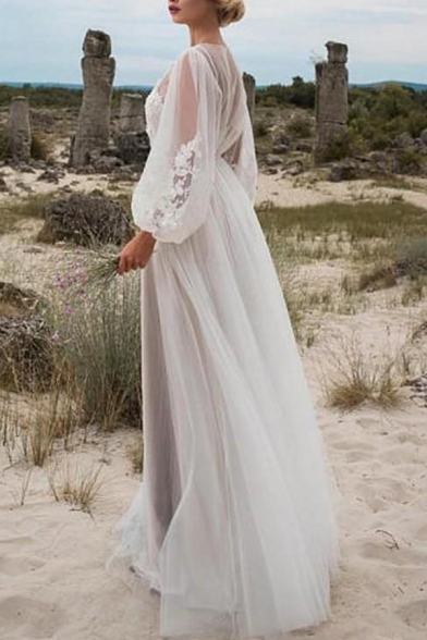 Pretty Womens Dress See-through Mesh Applique Blouson Sleeve Round Neck Maxi Pleated A-line Dress in White
