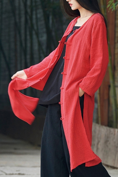 Retro Womens Coat Solid Color Linen Long Sleeve Frog Button Up Slit Sides Longline Regular Coat