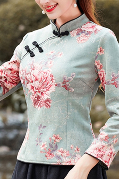 Retro Womens Shirt Peony Pattern Suede Slanting Frog Button Detail Long Sleeve Mandarin Collar Slim Cheongsam Top