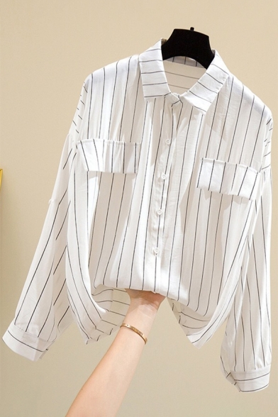 Simple Fashion Vertical Striped One Pocket Long Sleeve Button Shirt
