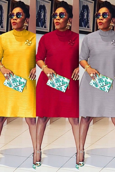 Simple Womens Dress Solid Color Decoration Short Sleeve Mock Neck Midi A-line Dress