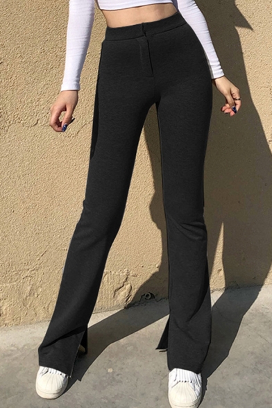 Simple Womens Pants Solid Color High Rise Slit Sides Long Flared Pants